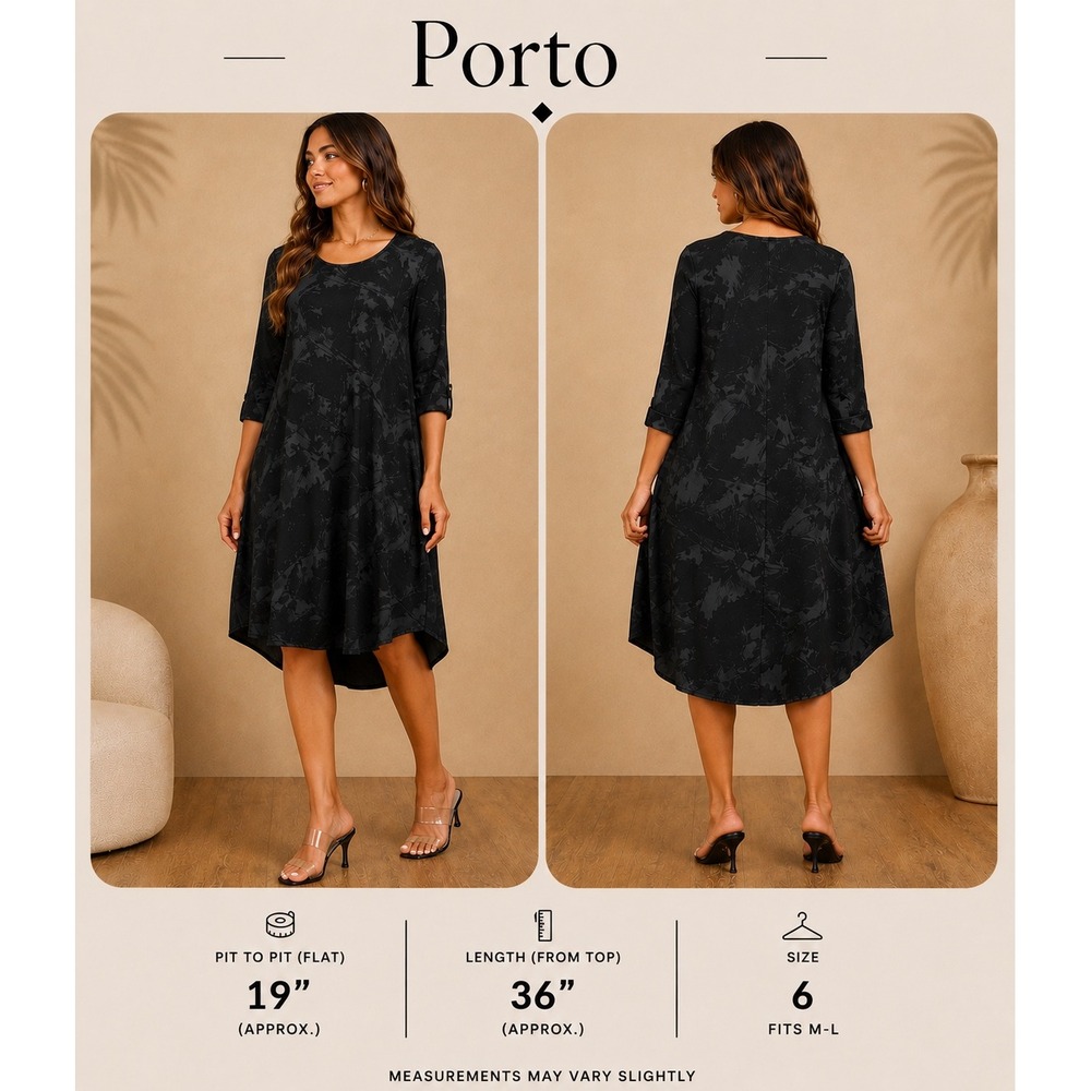 Porto San Francisco Black Abstract Print Tunic Dress Size 2 Italian Fabric L/S